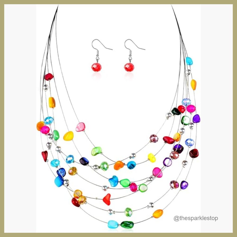 Shell Crystal Bead Statement Necklace Earring Set… - image 1